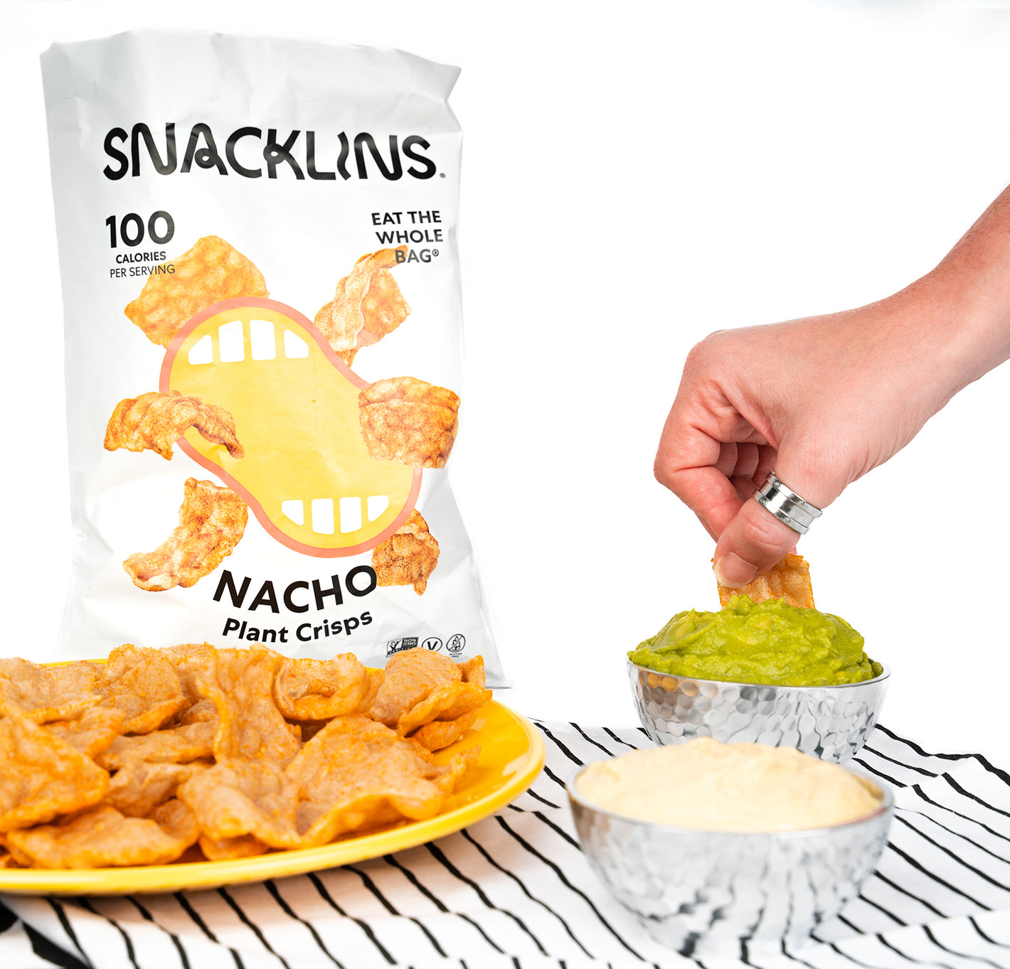 Snacklins product photography showcasing snack packaging and chips